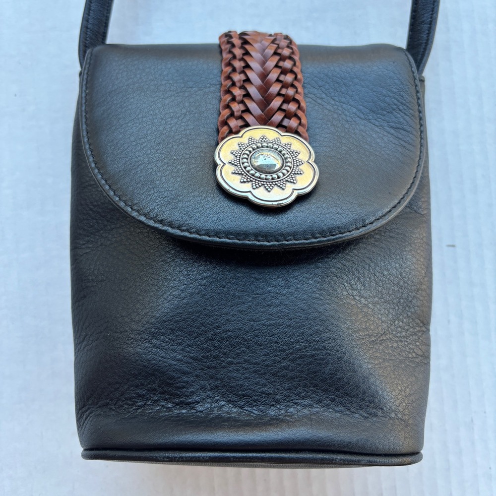 One World by Brighton Black‎ Leather Crossbody Bag Braided Detail Silver Concho